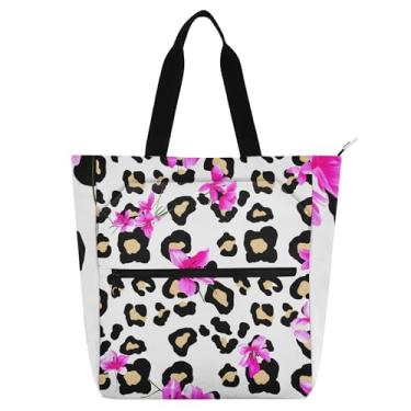 Imagem de GAIGEO Sacola de trabalho feminina preta leopardo rosa floral branca lona praia escola bolsa professores bolsa com compartimentos