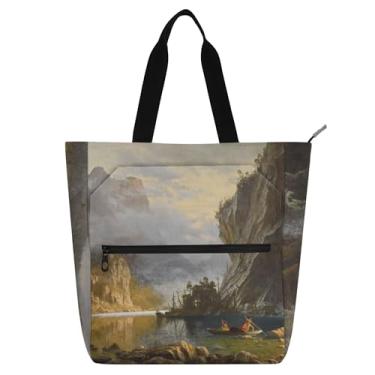 Imagem de GAIGEO Bolsa feminina Albert Bierstadt Indians Art Landscape Work Tote de lona escolar com zíper para professores presente para amantes de livros