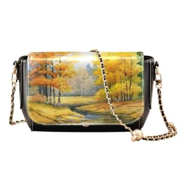 Imagem de Constelação de estrelas em uma bolsa de ombro preta de couro PU, bolsa de ombro de couro transversal, bolsas transversais para mulheres, Árvores de outono com aquarela de rio-2, One Size