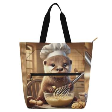 Imagem de GAIGEO Linda sacola de lontra para livros de padaria para crianças, mulheres, reutilizável, resistente à água, escola, trabalho, bolsa com zíper