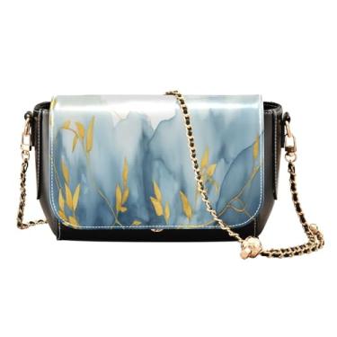 Imagem de Bolsa tiracolo quadrada com azul floral PU para mulheres, bolsa de ombro de couro sintético, bolsa de ombro transversal de couro, Aquarela azul e folhagem dourada - 1, One Size