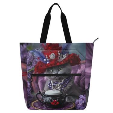 Imagem de Sacola de gato gótico chapéu vermelho à luz de velas para mulheres crianças adolescentes com zíper, bolsa reutilizável para escola, professor, trabalho, viagem, estampa de animal