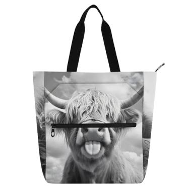 Imagem de Bolsa feminina cinza vaca Highland engraçada para trabalho, lona universitária, bolsa de tecido, bolsas para amantes de livros, presentes