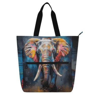 Imagem de GAIGEO Bolsa feminina colorida de elefante com pintura a óleo para trabalho, escola, com zíper, bolsa de viagem com compartimentos