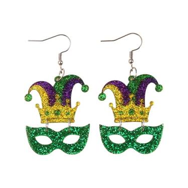 Imagem de Brincos femininos pendentes de carnaval colorido com glitter acrílico tema coroa chapéu pingente brincos de festa Mardi Gras acessórios para mulheres, unified, Acrílico, Sem pedra preciosa