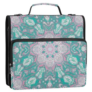 Imagem de Fichários divertidos de 3,8 cm com 3 anéis, anel D, mandala, verde-azulado, com zíper, pasta de armazenamento com alça e bolsa escolar