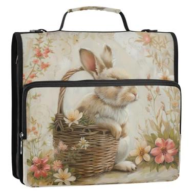 Imagem de Fichários básicos de 3 anéis, anel D de 3,8 cm, cesta de coelho fofo, floral, zíper, fichário, portfólio e estojo, suporte de pasta de anel, bolsa escolar com alça de ombro