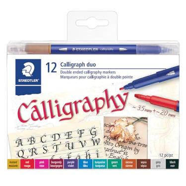 Imagem de STAEDTLER Marcadores de caligrafia de duas pontas, dupla de calígrafo, para desenhos de letras estreitas e amplas, tinta pigmentada, 12 cores sortidas, 3002TB12LU