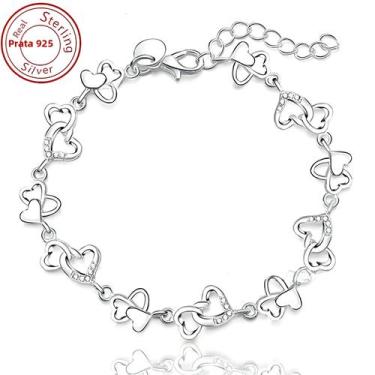 Imagem de Pulseira Feminina De Prata Esterlina 925 Com Coração E Flor, Joia De M