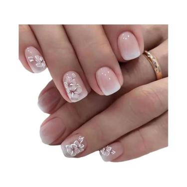 Imagem de 24 peças de unhas curtas francesas simples gradiente flor com 1 cola g