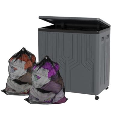 Imagem de Farmoon Cesto de roupa suja duplo dobrável de plástico de 120 L, com rodas e sacos laváveis, cinza, 1 pacote