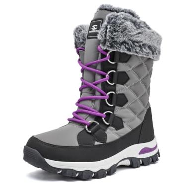 Imagem de HOBIBEAR Botas femininas de inverno, quentes, forradas com pele sintética, botas de neve, para clima frio, para uso ao ar livre, resistente à água, Cinza, 35