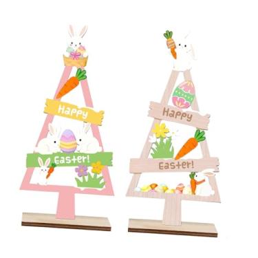 Imagem de oshhni Conjunto de 2 Centros de Mesa de Madeira com Placas de Páscoa, Decoração de Páscoa em Bandeja de Vários Andares para Sala de Estar, Festas em