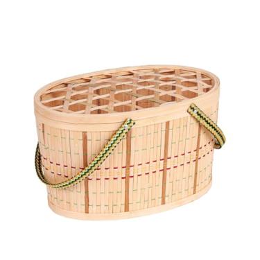 Imagem de SiaBiced Cesto para ovos, cesta de bambu com tampa vazada, recipiente de bambu trançado para armazenamento de lanches.