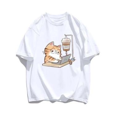 Imagem de Camisetas Femininas De Algodão Para O Verão Com Estampa De Gatos E Caf