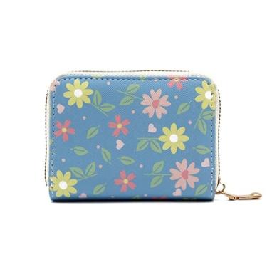 Imagem de Carteira com porta-cartões floral, organizador de cartão sanfonado com bloqueio de RFID com bolso para moedas, bolsa compacta, Azul