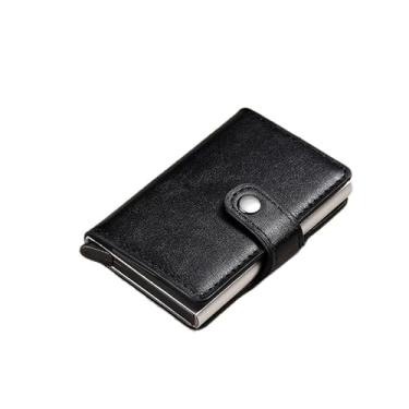 Imagem de Carteira feminina de couro genuíno com dobra dupla/tripla - Suporte minimalista para cartão de crédito com bloqueio de RFID e bolso para moedas, Preto, Casual