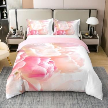 Imagem de Erosebridal Capa de edredom rosa sonhadora princesa king size 100% algodão romântico pastel tulipa infantil primavera botânica, conjunto de cama de jardim de luxo com plantas florais