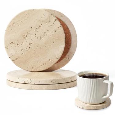Imagem de XINFUHUA Conjunto de 4 porta-copos de travertino bege, suporte de cortiça antiderrapante, porta-copos de pedra natural para bebidas, porta-copos de travertino artesanal redondo antiderrapante para