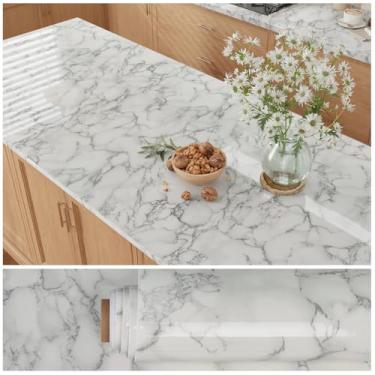 Imagem de VEELIKE Papel de contato de bancada de mármore branco brilhante largo e cinza 61 cm x 900 cm de vinil para balcão de vinil autoadesivo à prova d'água para bancadas, mesas de cozinha, banheiro