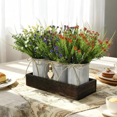 Imagem de CANCLEAR Peça central artificial para respiração do bebê (Gypsophila) — Decoração de mesa rústica de 3 potes de metal em bandeja de madeira, buquê de Gypsophila falso para decoração de casa, casamento