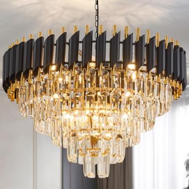 Imagem de Aixialin Lustre de cristal grande de 10 luzes 61 cm para sala de jantar 5 níveis de montagem embutida lustre preto e dourado lustres grandes redondos para sala de jantar, sala de estar, cozinha