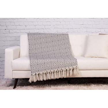 Imagem de Manta para Sofá Dupla Face Jacquard com Franja 1,40x3,50 + 2 Capas de Almofada (Etnico cinza)
