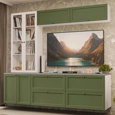 Imagem de Estante Sala de Estar com Rack + Cristaleira 230cm Branco/Verde/Branco Vik Madesa 01