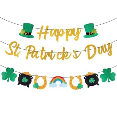 Imagem de Banner de São Patrício, Glitter Pré-Amarrado Banners Happy Saint Patrick Guirlanda Trevo Trevo Sorte para Festa Casa Porta Parede Lembrancinhas Irlandesas e Materiais Decoração