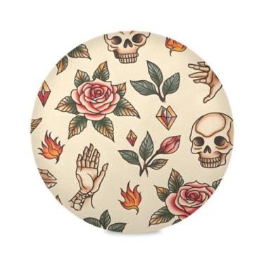 Imagem de STAYTOP Jogo americano redondo retrô com estampa de caveira rosa, 4 peças, tapetes de mesa antiderrapantes fáceis de limpar para decoração de mesa de festa e churrasco