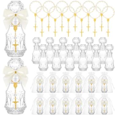 Imagem de Chuangdi 12 conjuntos de garrafas de água benta, lembrancinhas de batismo para convidados, garrafa sagrada católica com rosário cruzado, recipiente de água de vidro vazio de 50 ml para comunhão