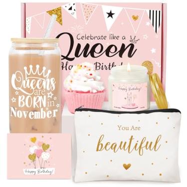 Imagem de Cesta de presente de aniversário para mulheres, copo de vidro engraçado de feliz aniversário para ela, ideias exclusivas de presentes de aniversário para caixa (aniversário para novembro)