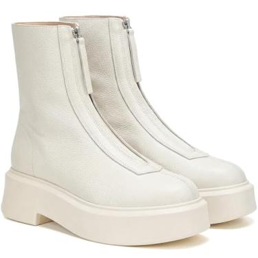 Imagem de BeeLg Bota feminina plataforma cano curto Chelsea bota de outono com zíper frontal de couro de combate, Branco, 36 BR