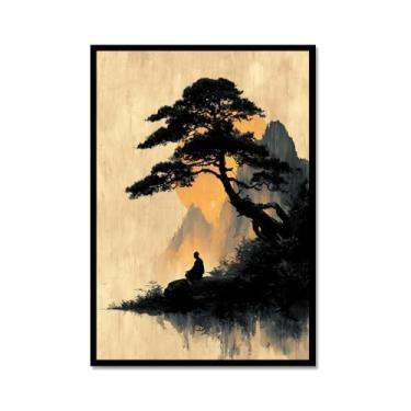 Imagem de Pôster de arte de parede de Buda Zen sombrio Bodhi Pintura Árvore Solidão Meditação Impressão em Tela Estilo Chinês Vintage Arte de Parede Espiritual Decoração de Escritório Doméstico (SKU3,12 x 40,6