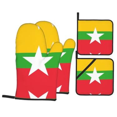 Imagem de Conjunto de luvas de forno estampadas Bandeira de Mianmar, conjunto de 4 peças adequado para grelhar, cozinhar e assar