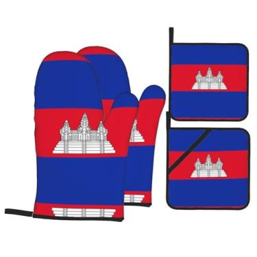 Imagem de Conjunto de luvas de forno impressas com bandeira do Camboja, conjunto de 4 peças adequado para grelhar, cozinhar e assar