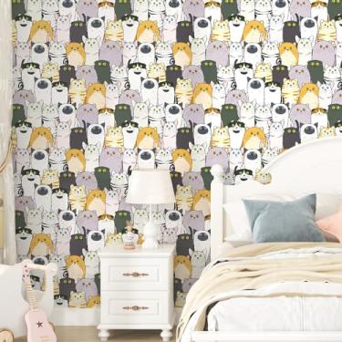 Imagem de EPPKILY Papel de parede de gato descasque e cole papel de parede animal de desenho animado divertido gatinho autoadesivo removível papel de contato multicolorido adesivos de parede de gato para