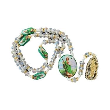 Imagem de Terço De Contas De Cristal Verde Com Pingente De Cruz De São Judas E V