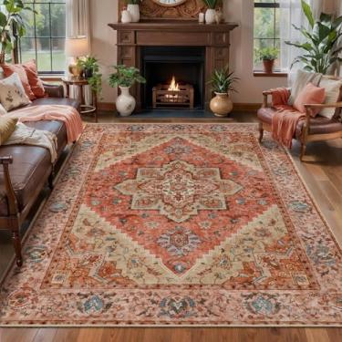 Imagem de Tangsoo Tapete vintage terracota/multi 10 x 15 lavável para entrada, antiderrapante, pequeno, azul escuro laranja tapete para porta da frente interna