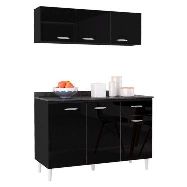 Imagem de Balcão De Cozinha Com Tampo E Armário Aéreo 120 Cm Preto - Poquema