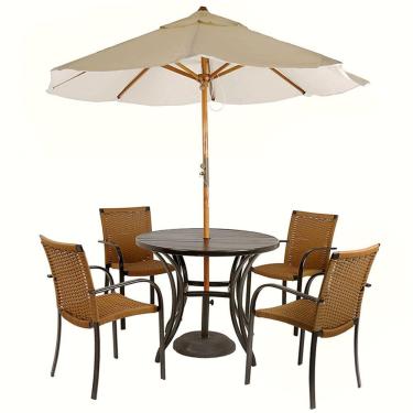 Imagem de Kit 4 Cadeiras Fibra Oliva Estonado, Mesa Tampo Preta e Ombrelone Bege