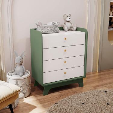 Imagem de Comoda Infantil 4 Gavetas de Madeira Verde Oliva/Branco