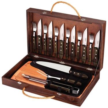 Imagem de Kit Churrasco Talheres Jumbo Aço Inox Cabo Castanho Polywood Tábua E Estojo Madeira 17 Pç