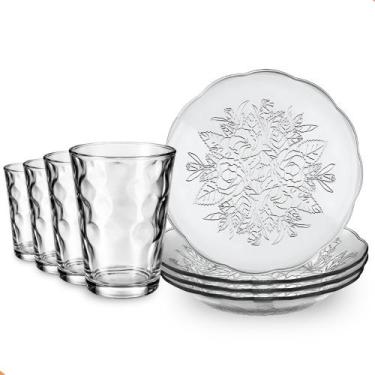 Imagem de Aparelho de Jantar 8 Peças em Vidro  4 Pratos 4 Copos 190ml Detalhe Bo