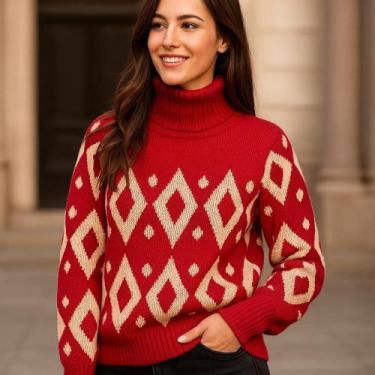 Imagem de Blusa Feminina Tricot Manga Longa Gola Alta Estampa Geométrica - Vitri