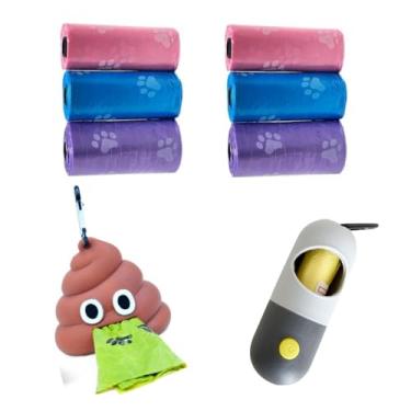 Imagem de kit 6 Rolo Refil De Sacos de lixo Pet + Porta Saquinhos Cata Caca Coletor Emoji + Porta Saquinhos higiênicos em formato de Lanterna LED.