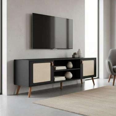 Imagem de Rack Viena Com Pés De Madeira Tela Natural e Couro 160cm