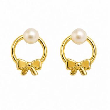 Imagem de Brinco em Ouro 18k Círculo com Laço e Pérola - Joia Elegante - Justino