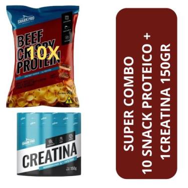 Imagem de Kit 10 snack proteico salgadinh + creatina 150g churrasco - SHARK PRO