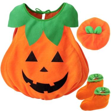 Imagem de ODESABO Fantasia de abóbora para bebês, fantasia de abóbora para meninos e meninas, fantasias infantis de Halloween com acessórios, Laranja, 5-6Y